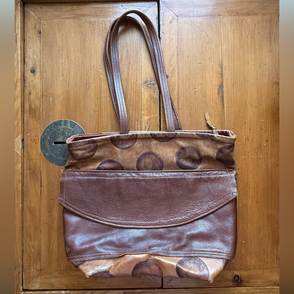 Handcrafted Leather Brown Polka Dot Women's Tote Bag. Annie Ramseur's Creations.